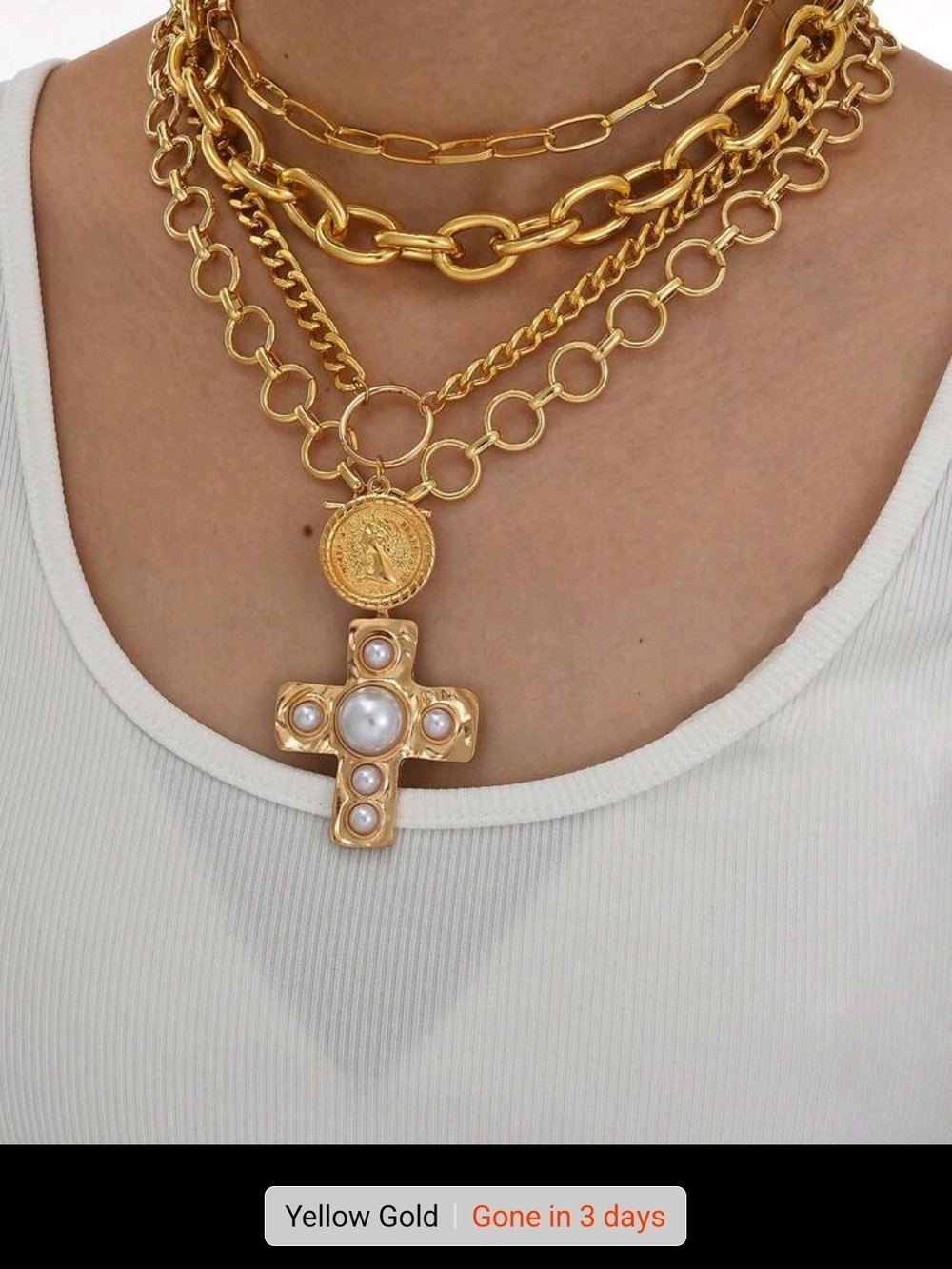 Gold Layered Pearl Cross Pendant Necklace - Women Jewelry - Picture 4 of 6
